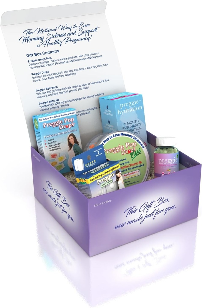 Tres Lollies Preggie Gift Box - Natural, Embarazo Nausea Alivio Esenciales con Préstamos Anti-Sickness, Embalajes de Hidratación, Peligro Capsules, " Bandas Anti-Nausea para la enfermedad de la mañana