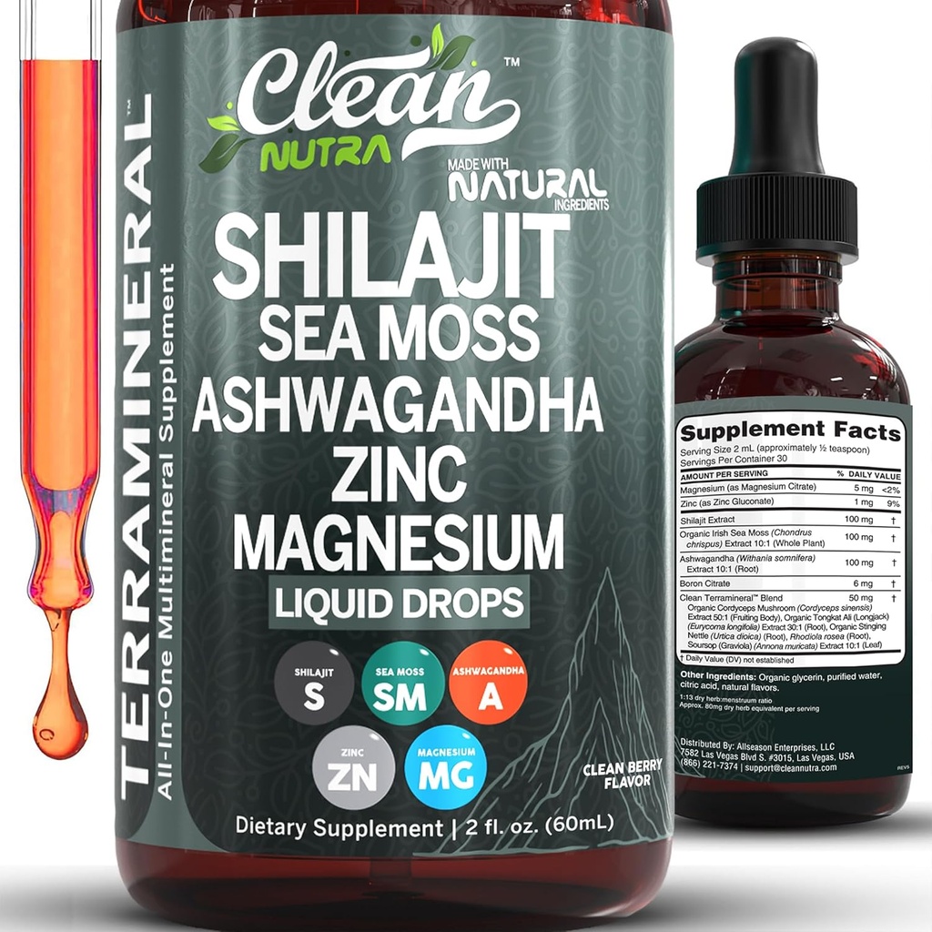 Nutracéuticos limpios Shilajit Líquidos gotas con Moss Mar, Ashwagandha, Zinc, Magnesio, Vitaminas Líquidas para Mujeres y Hombres - Terra Mineral