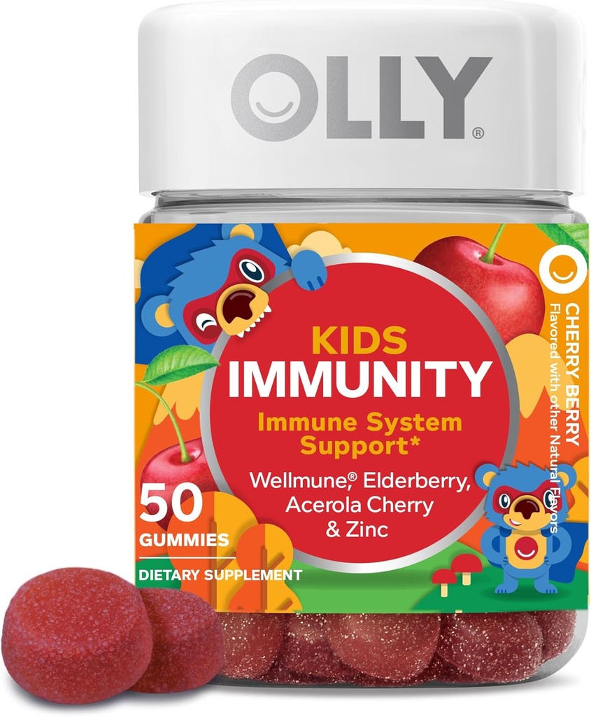 OLLY Kids Immunity Gummy, Immune Support, Wellmune, Elderberry, Vitamina C, Zinc, Chewable Supplement, Cherry - 50 Count
