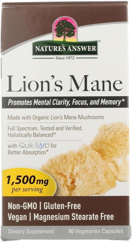 Lions Mane Mushroom Powder Capsules (1500mg tención 90ct Powerful Nootropic) Suplemento de setas cerebrales para Focus, Memory, Mental Clarity. Pure Lion's Mane Mushroom Brain Booster Memory & Energy Pills