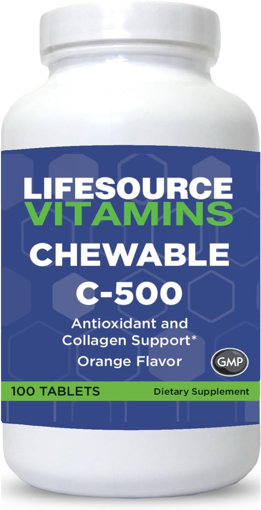 LifeSource Vitaminas Vitamina C 500 mg - 100 Tablas Chewable - Increíble sabor a naranja - Sweetened w/Stevia