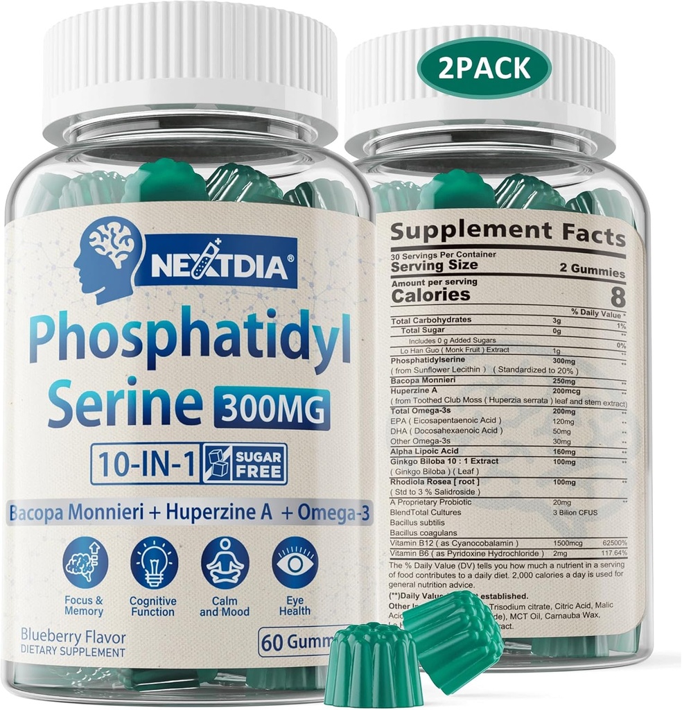Phosphatidylserine - Nootropic Brian Supplement, Focus & Energy Gummies+ Bacopa Monnieri, Omega 3, Huperzine A, Methyl B12 & B6 for Seniors, Gamers, Workers, Non-GMO, Caffeine-Free, Sugar Free, 2 Pack
