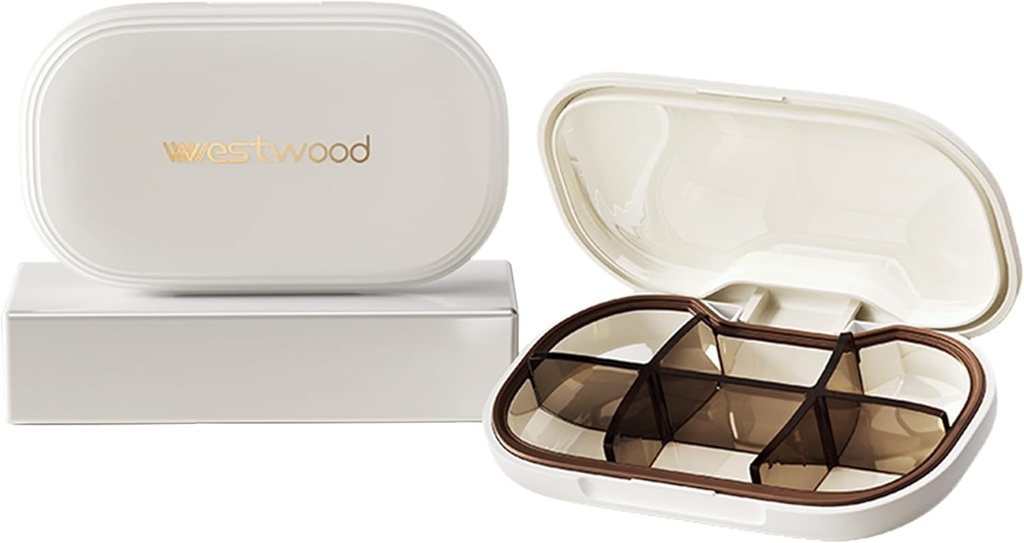 Organizador compacto de pequeñas píldoras blancas, 6 compartimentos, elegante caja de carga de viaje Cute Contenedor de caja de píldoras de medicina diaria, portátil para almacenar vitaminas, medicamentos y suplementos