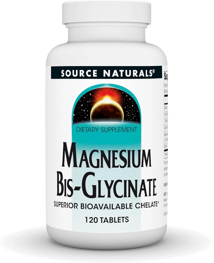 Source Naturals Magnesium Bis-Glycinate, Superior Bioavailable Chelate*, Chelated for Increased Absorption, 200 mg per Serving - 120 Tablets