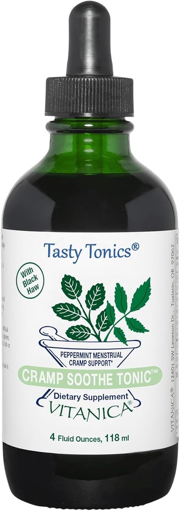 Vitanica Cramp Soothe Tonic, Dr Formulated Menstrual Cramp Support, con Black Haw Bark, Valerian Root, Ginger Root, y Garrya Herb, Alcohol Gratis, Vegan, 4 Ounce- Pro Logo
