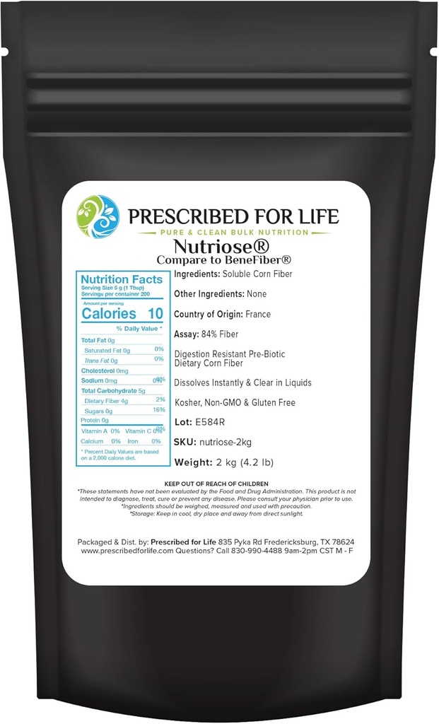 Prescrito para el polvo de nuez, suplemento de fibra natural, fibra de maíz soluble prebiótico para adultos, libre de gluten, vegano, no GMO (2kg / 4.4lb)