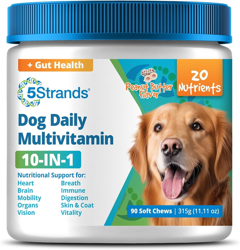 5Strands Dog Multivitamin Chews, 10-in-1, Vitaminas ' Postbióticos, All Ages & Breeds - Digestion, Brain, Organs, Heart, Mobility, Vision, Skin & Coat, Immunity - Dog Supplement (Peanut Butter, 90ct)