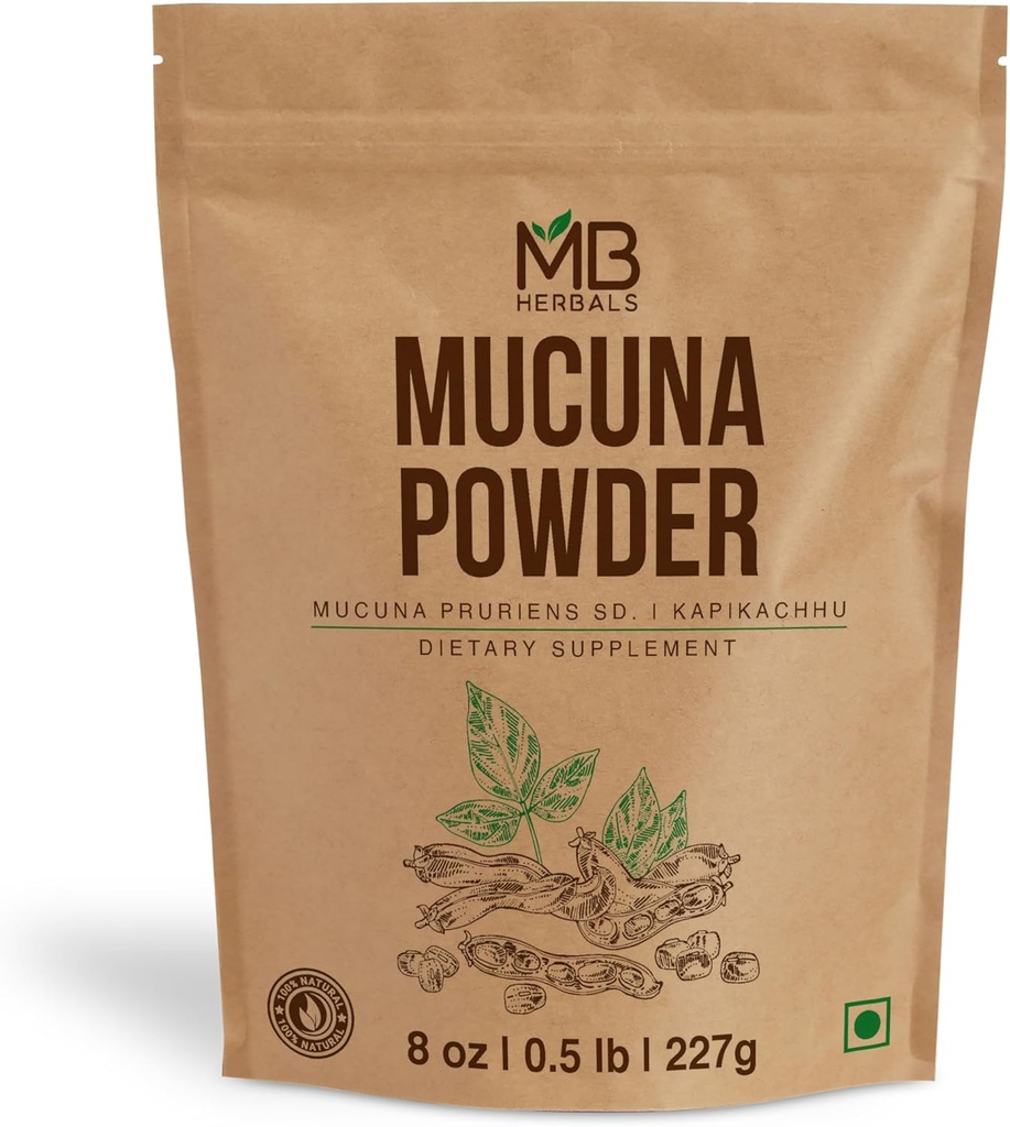 MB Herbals Mucuna Pruriens Powder Silencio 8 oz (0,5 lb) Silencio White Mucuna Seed Powder ← 100% Puro &amp; Natural, No GMO, Vegan Herbal Suplemento