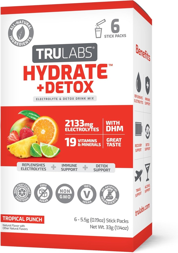 TRULABS Hydrate + Detox - Punch tropical. Electrolitos sin azúcar Paquetes de hidratación. Cada servicio contiene 1422 mg de electrolitos &19 vitaminas " minerales " DHM (6ct)