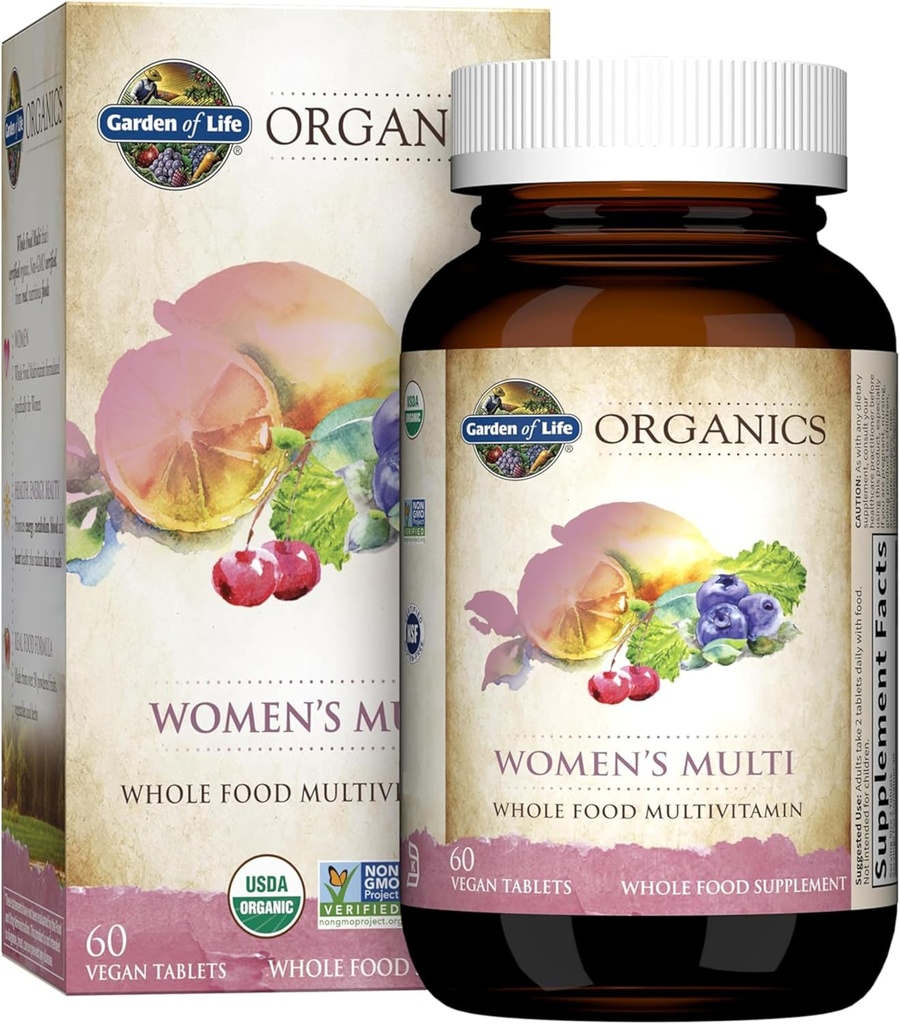 Jardín de Vida Orgánica Multivitamina Orgánica para Mujeres - Mujeres Multi con Vitamina C, D, Folato, B6, B12, Biotina, Hierro, Vegan entera Vitaminas Alimentarias para Mujeres, Energía, Piel, uñas, 60 Tabletas