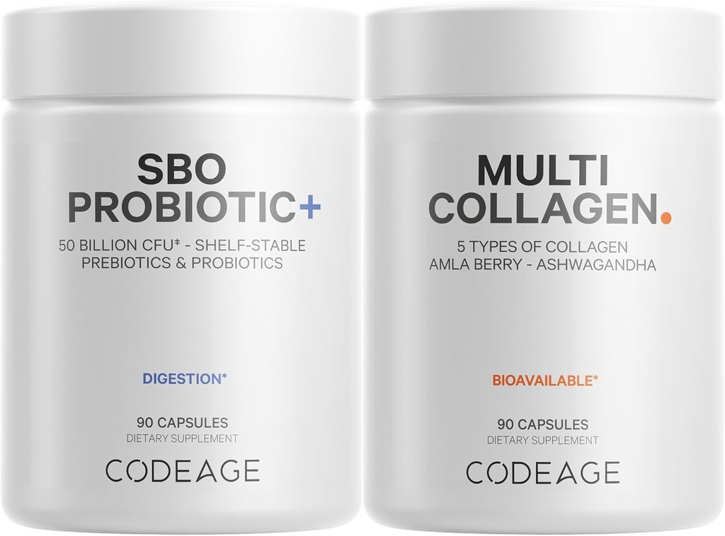 Codeage Multi Collagen Protein Capsules 5 Tipos, Ashwagandha Withania Somnifera & Organic Amla Berry + SBO Probiotic Blend 50 Billion CFU Bundle, Lactobacillus Plantarum, Bacillus Subtilis, Non-GMO