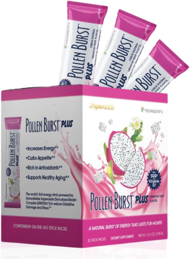 Youngevity ProJoba Pollen BurstTM Dragon Fruit - Clean Natural Energy Supplement w/Green Tea, Pollen Extract, GliSODin® - Increase Focus, Brain Boost, Endurance, Mental Clarity (30 Sticks)
