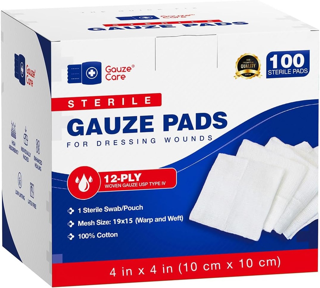 100pc Grandes mantas de gaucho estéril 4x4 estéril para libras a granel - 12ply tejido esponjas 4x4 estéril - USP IV malla transpirable 4x4 Gauze Pads estéril para absorción mejorada - primeros auxilios médicos