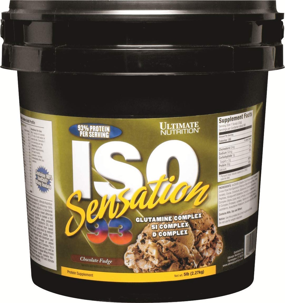 Ultimate Nutrition Iso Sensation 93 with Glutamine, Whey Protein Isolate Powder, 30 Grams of Protein, Low Carb Protein Shakes, Keto Friendly, 5 libras, Chocolate Fudge Flavoured