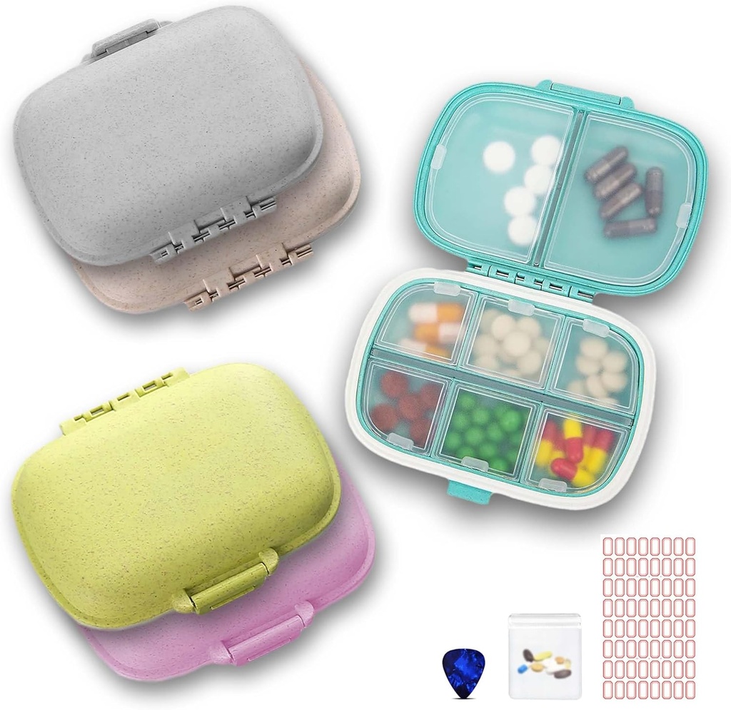 [5 Pack] Organizador de píldoras de viaje 8 Compartimientos Easy Open Lid Portable Pill Case Daily Pill Organizer Moisture Proof Small Pill Box for Pocket (Blue+Gray+Pink+Khaki+Green)
