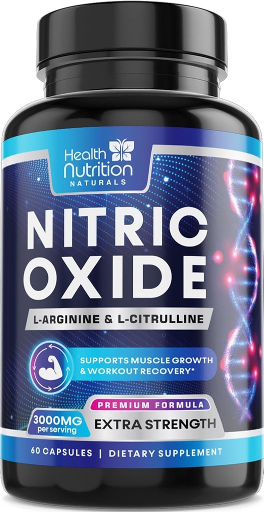 Extra Strength Nitric Oxide Booster 3000mg - 3X L-Araginine AKG & HCI + L-Citrulline Malate - Best Muscle Support Nitric Supplement - Natural Energy, Heart Health Support Bottled USA - 60 cápsulas
