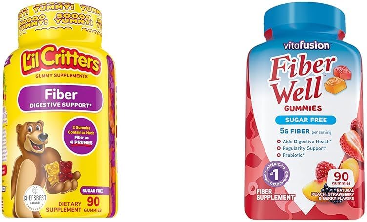 L’il Critters Fiber Daily Gummy Supplement for Kids, for Digestive Support & Vitafusion Fiber Well Sugar Free Fiber Supplement, Peach, Strawberry and BlackBerry Flavored Supplements, 90 Count