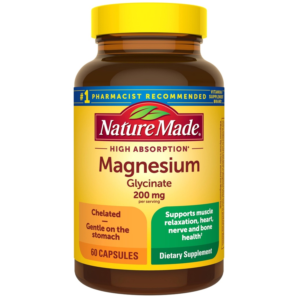 Nature Made Magnesium Glycinate 200 mg por Serving, Suplemento Magnesio para Muscle, Heart, Nerve y Bone Support, 60 Magnesium Bisglycinate Capsules, 30 Day Supply