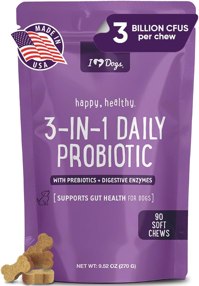 iHeartDogs Probiótico 3-en-1 para perros con calabaza para mejorar la digestión " Gut Health - Probióticos para perros y enzimas digestivas, 90 Condes