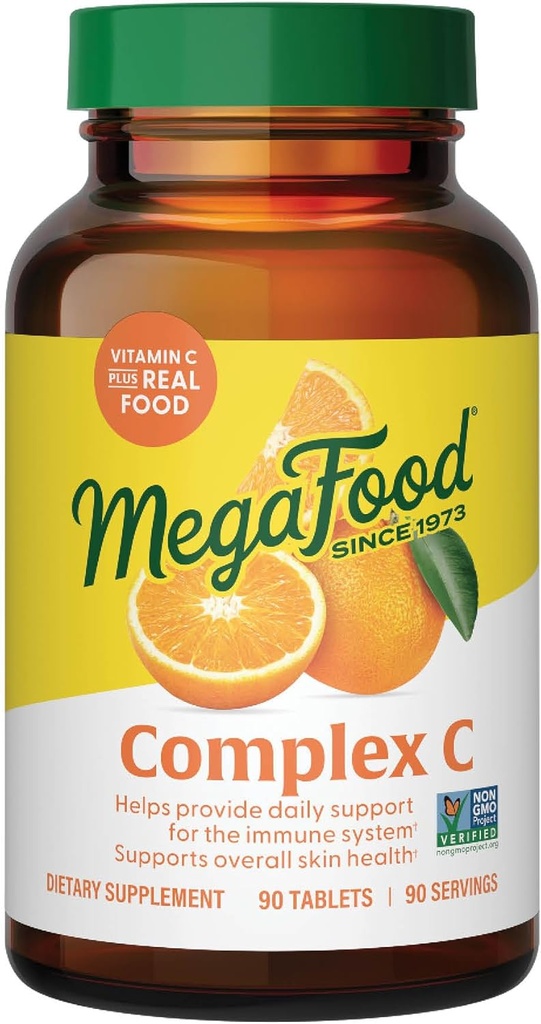 MegaFood Complex C - Vegan Immune Support Suplemento con vitamina C 250 mg, Hecho con comida real incluyendo naranja, arándano &amp; marrón Rice, sin gluten, Kosher - 90 Tabletas, 90 Servimientos