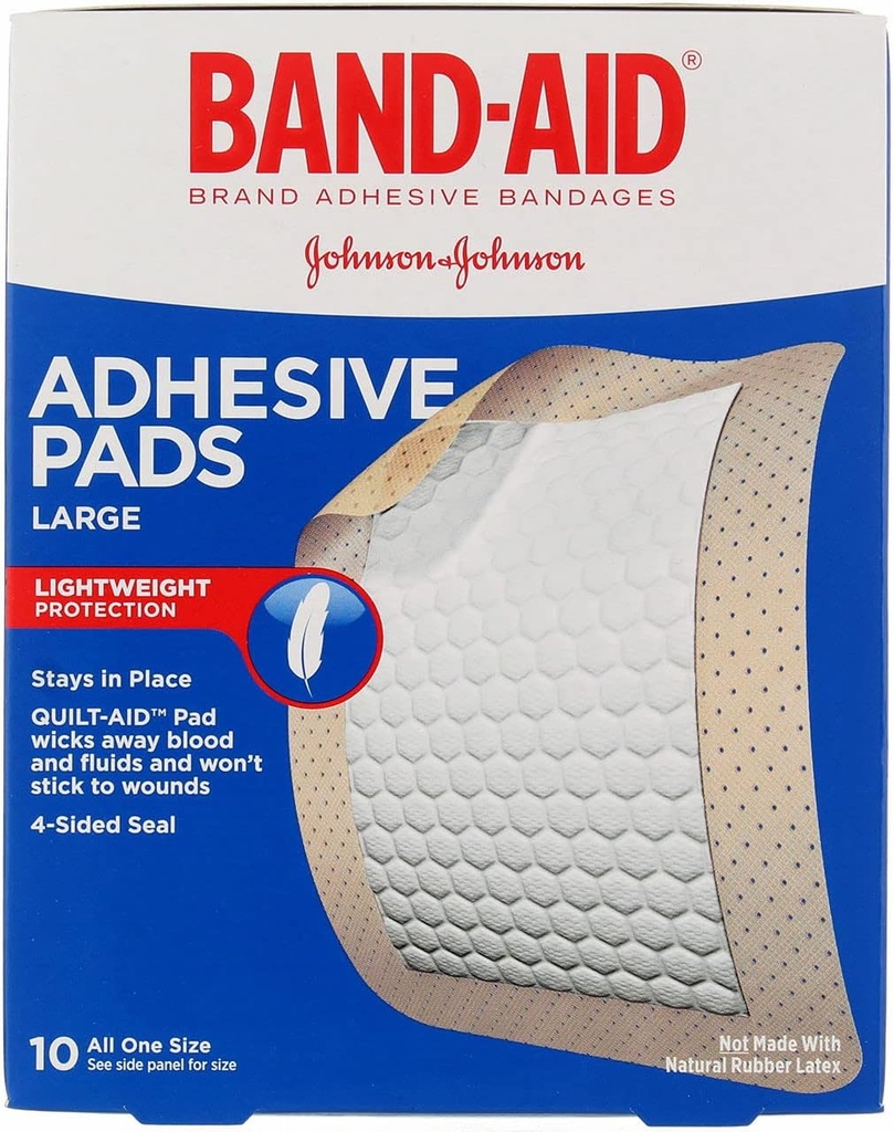 Band-Aid Marca Tru-Stay Adhesive Pads, Grandes Bandages estériles para el cuidado y la protección de los heridos, Tamaño grande, 10 ct ( Pack de 4)