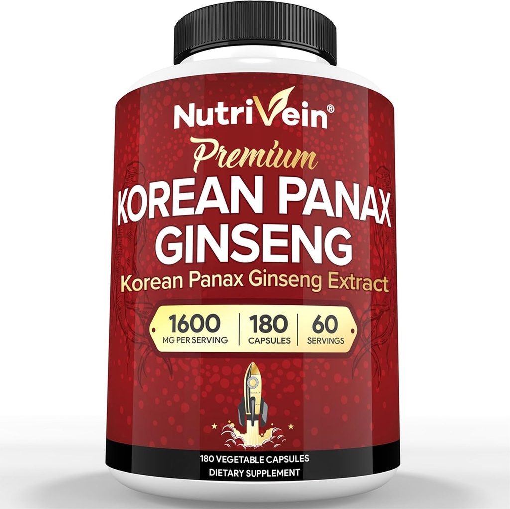 Nutrivein Coreana Red Panax Ginseng 1600mg – Fórmula de Fuerza Extra – 180 cápsulas – Energía Aumenta, Enfoque Mental &amp; Salud Inmune Naturalmente