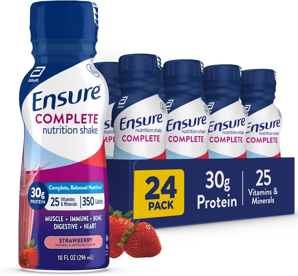 Asegurar el afeitado de la nutrición de fresa, el reemplazo completo de la comida equilibrada, listo para beber, 30g Proteína, 25 vitaminas & minerales, 10 fl oz—24 Pack