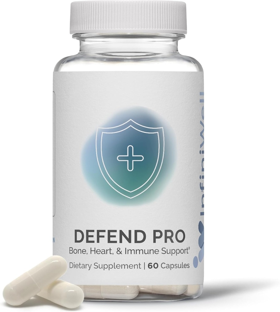 InfiniWell Defend Pro Bone & Immune Support Supplement - Vitamin A, D3 & K2 Supplement - Bioavailable, Active Nutrients - 250mcg VIT D - Aid Bone Strength, Heart Health & More (60 Capsules)