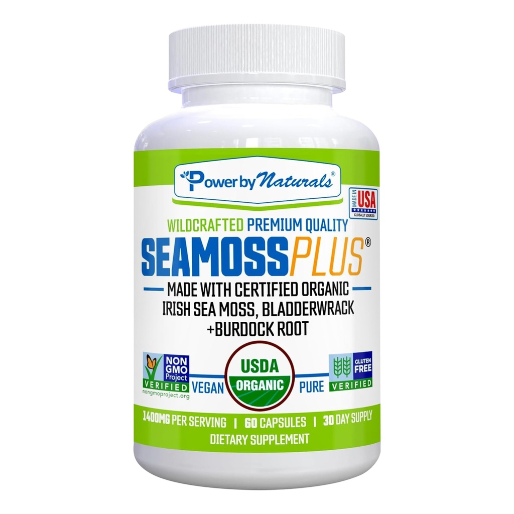 Power By Naturals SeaMoss Plus - USDA Organic Irish Sea Moss Capsules w/Wild Harvested Irish Seamoss, Bladderwrack &amp; Burdock Root Immunity Supplement Sea Mos Pills for Adult 60Ct - 1 Pack