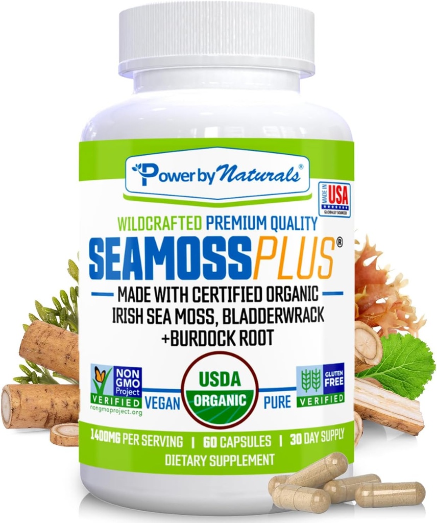 Power By Naturals SeaMoss Plus - USDA Organic Irish Sea Moss Capsules w/Wild Harvested Irish Seamoss, Bladderwrack &amp; Burdock Root Immunity Supplement Sea Mos Pills for Adult 60Ct - 1 Pack