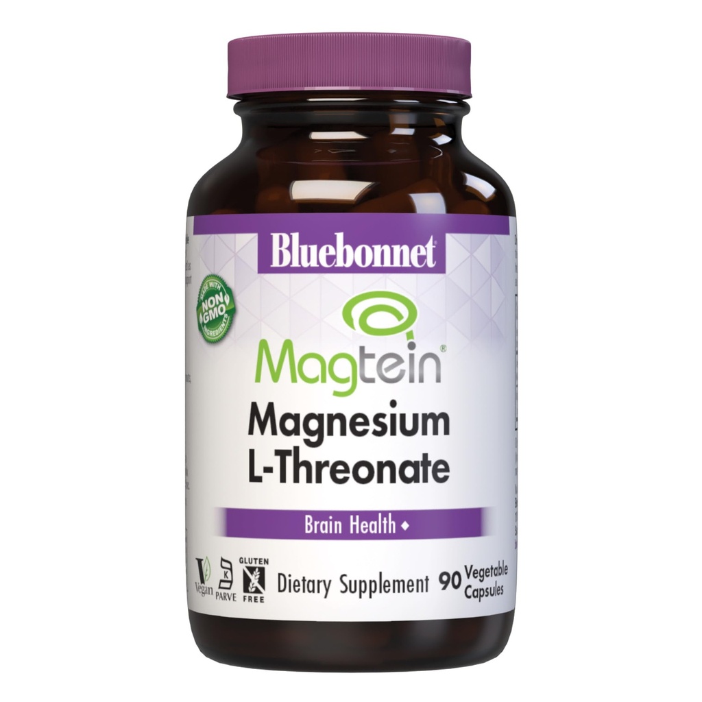 Bluebonnet Nutrition Magtein Magnesium L-Threonate, Brain Health*, Non-GMO, Vegan, Kosher Certified, Gluten-Free, Soy-Free, 90 Vegetable Capsules, 30 Servings