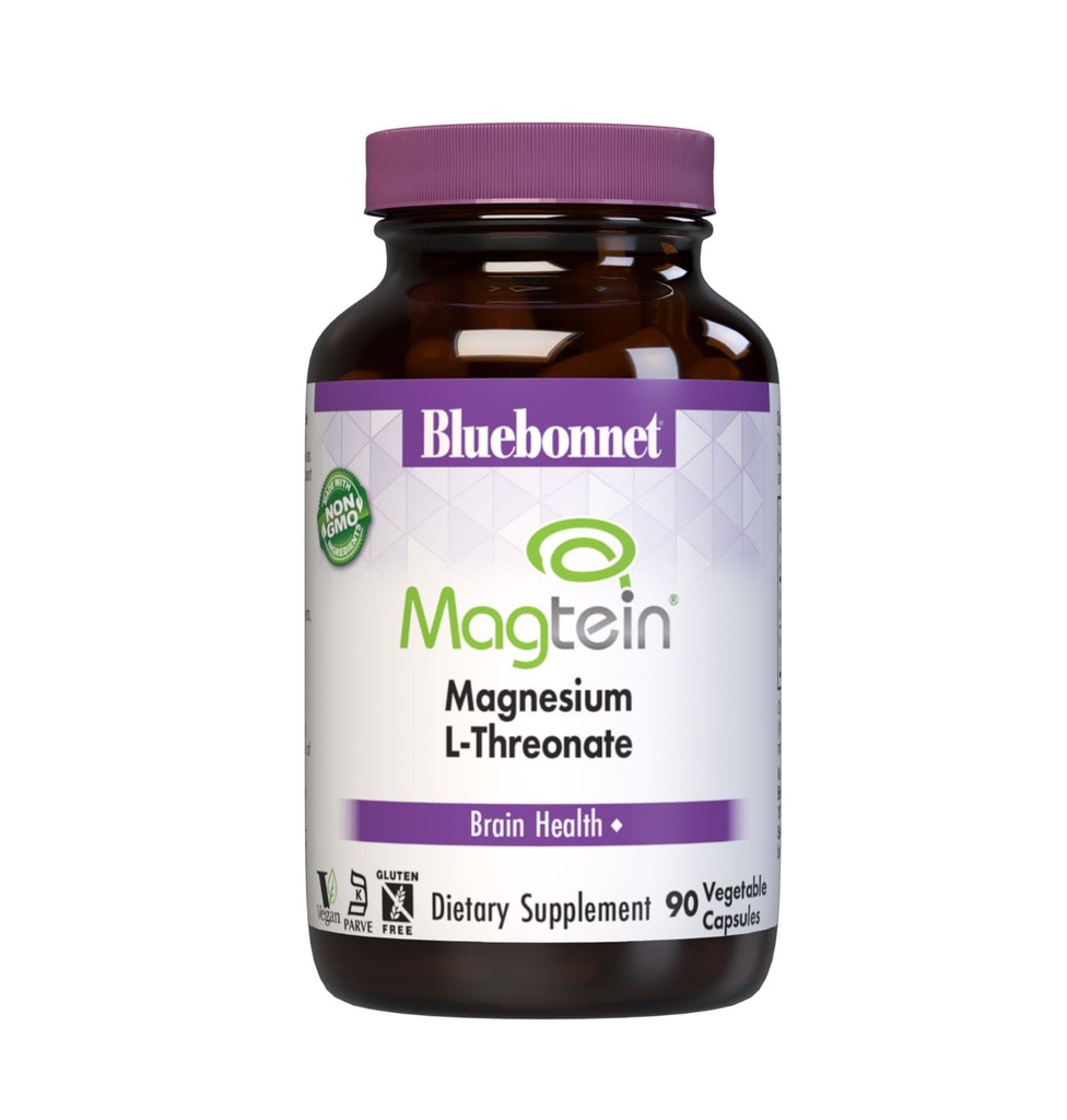 Bluebonnet Nutrition Magtein Magnesium L-Threonate, Brain Health*, Non-GMO, Vegan, Kosher Certified, Gluten-Free, Soy-Free, 90 cápsulas vegetales, 30 servicios