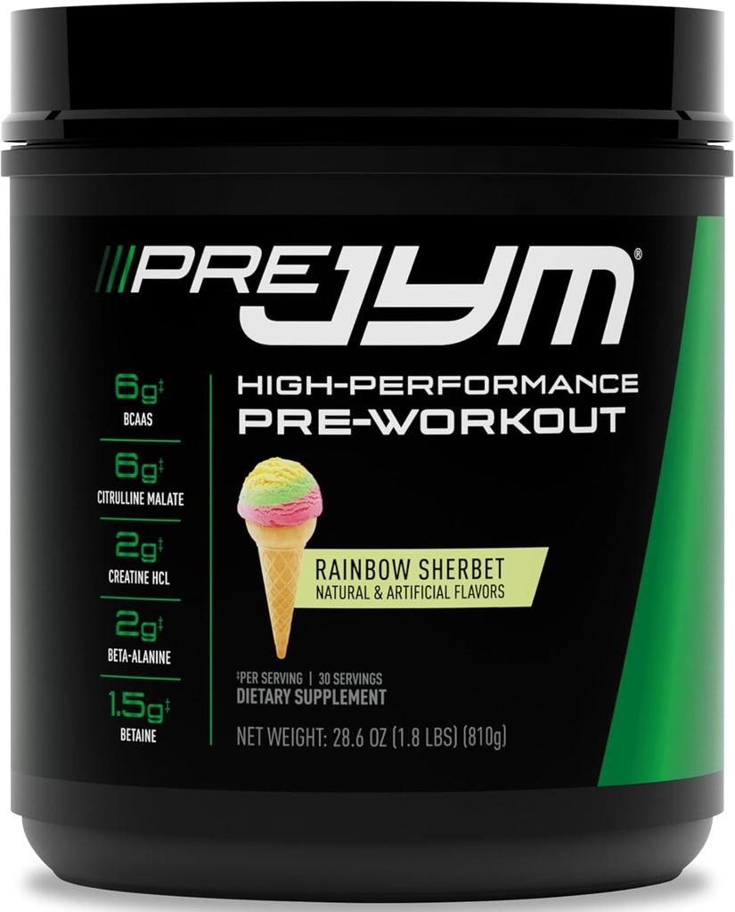 JYM Supplement Science Pre JYM Rainbow Sherbet Pre Workout Powder for Men &amp; Women, BCAAs, Nootropics, Creatine HCI, Citrulline, Beta-Alanine, Betaine, Taurine, Huperzine, 30 Servings