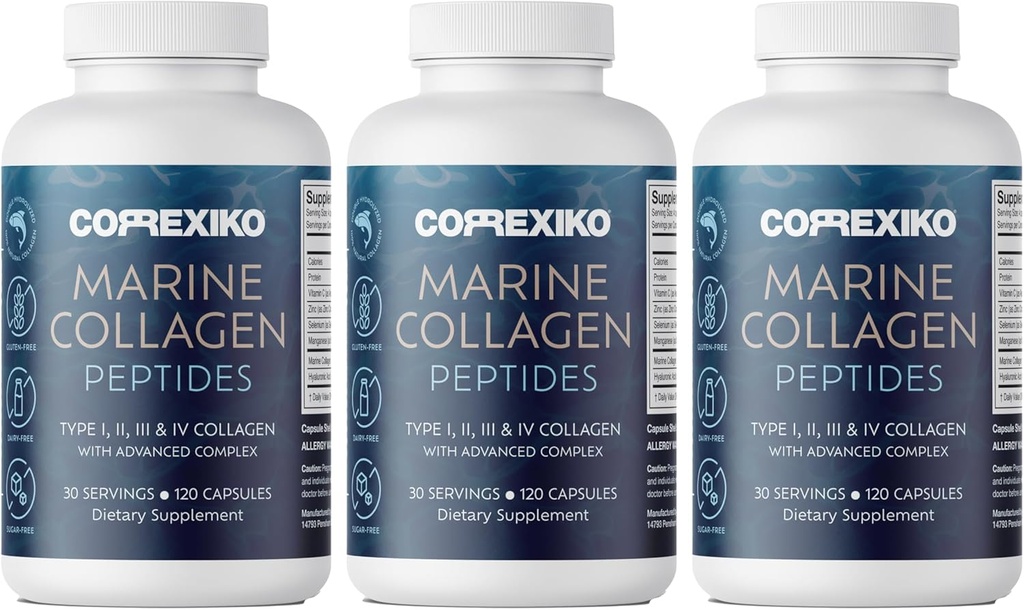 CorreXIKO Marine Collagen Supplement Pills - 1800mg Hidrolyzed Collagen Peptides per Serving with Añadido Hyaluronic Acid, Vitamin C & Minerals - for Hair, Skin & Nails - 360 Capsules 3 Month Supply