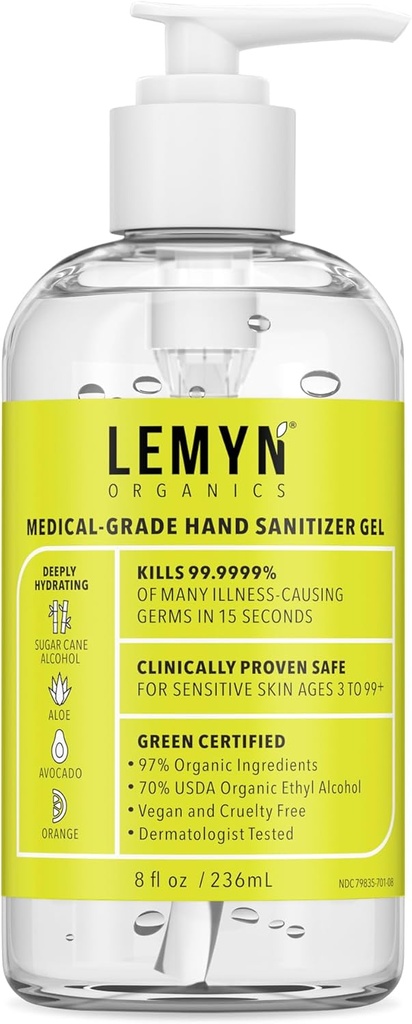 Medical‑Grade Hand Sanitizer Gel – 97 % Organic | 70 % USP Ethyl Alcohol | Moisturizing Aloe + Hyaluronic Acid | Freshly Made in USA | 8oz Bottle with Pump