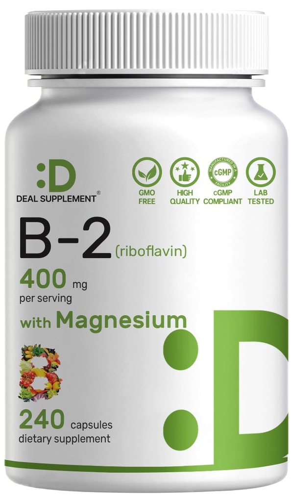 SUPLEMENTO DEAL Vitamina B2 400mg (Riboflavin)  sometida con Magnesium Glycinate 400mg, 240 cápsulas – 2 en 1 Apoyo Sistema Nervioso Saludable, Mood, Producción de Sangre y Energía, No GMO