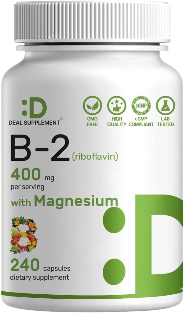 SUPLEMENTO DEAL Vitamina B2 400mg (Riboflavin)  sometida con Magnesium Glycinate 400mg, 240 cápsulas – 2 en 1 Apoyo Sistema Nervioso Saludable, Mood, Producción de Sangre y Energía, No GMO