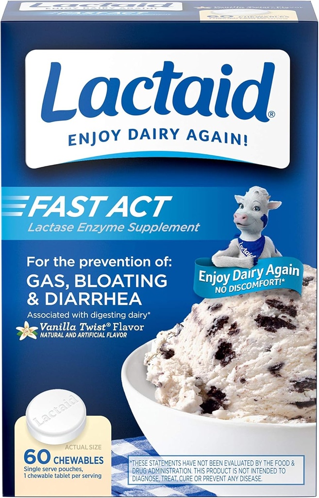 Lactaid Fast Act Lactose Intolerance Chewables with Lactase Enzymes, Vanilla, 60 Cuenta