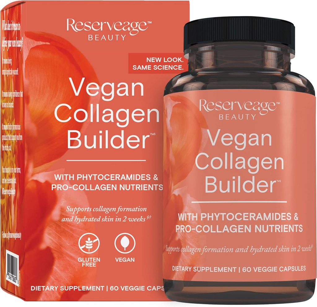 Reserveage Beauty Vegan Collagen Builder - Booster de Collagen de base vegetal para la piel de la guanición - Suplemento de vitamina C para la piel hidratada - Gluten Gratis - 60 cápsulas de verduras (30 piezas)