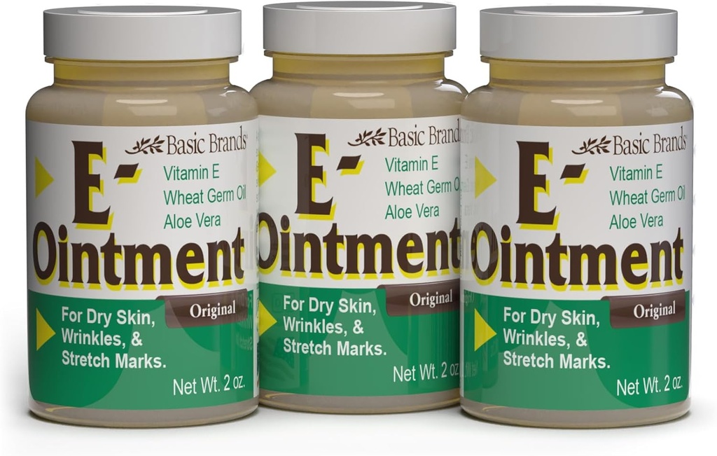 Orgánicas Básicas - Marcas Básicas - Vitamina E ungüento - 2 oz - Moisture Enhancing - Puede ayudar a reducir la aparición de cicatrices, marcas de estiramiento, líneas finas &amp; arrugas - Pack de 3