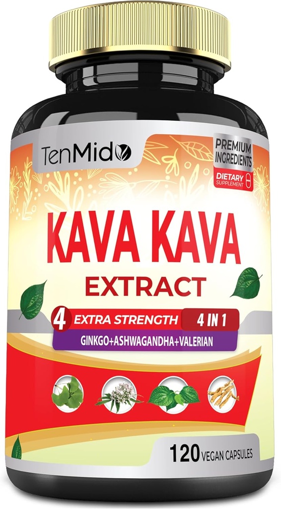 Kava Kava Suplemento Extract Capsules, 4 Months Supply with Ginkgo, Ashwagandha, Valerian- Relax Supports Suplemento- 120 Vegan Capsules