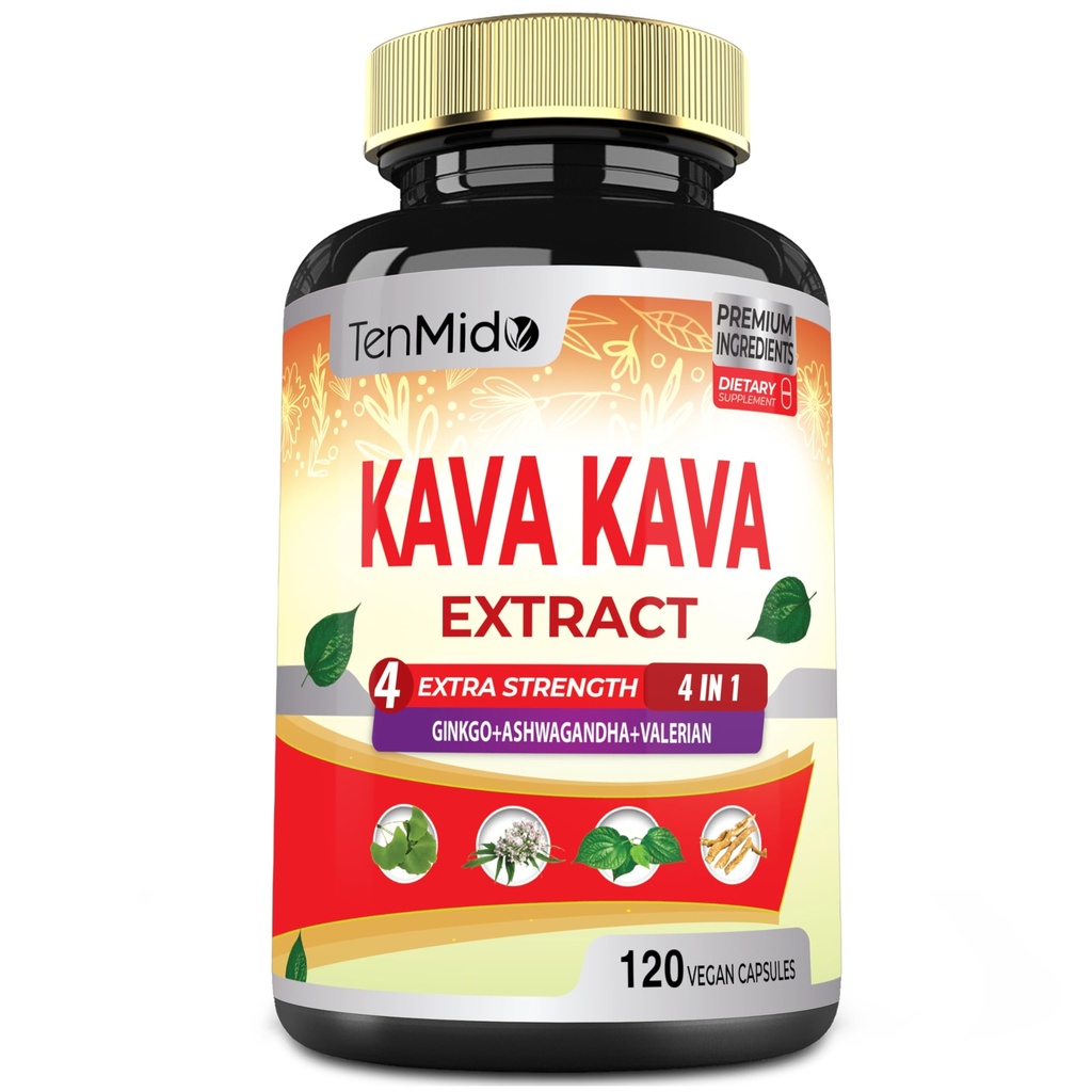 Kava Kava Supplement Extract Capsules, 4 Months Supply with Ginkgo, Ashwagandha, Valerian- Relaxation Supports Supplement- 120 Vegan Capsules