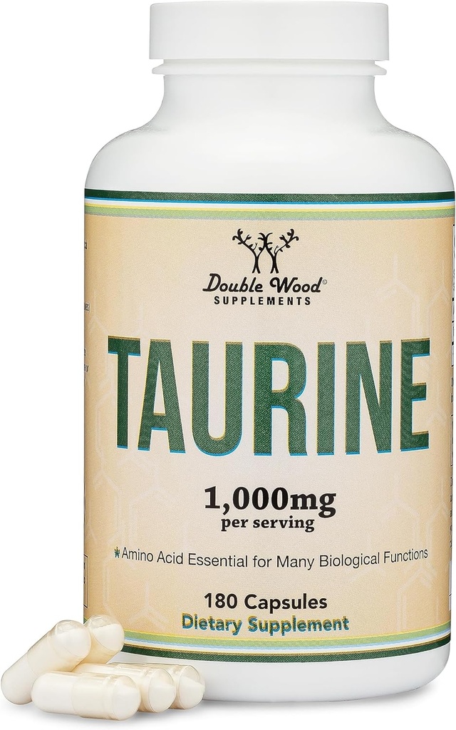Suplemento Taurine 1000mg Por Serving, 180 Capsules - Aminoácidos Estudiados para soportar una vida más larga, más sana (Taurina) Vegan Safe, Gluten Free, Non-GMO por Madera Doble