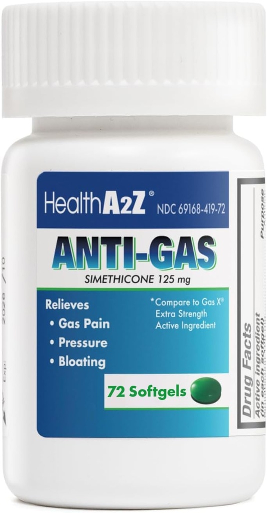 HealthA2Z® Gas Relief Simethicone Silencioso 125mg Silencio Alivio de Stomach Incomodidad y Gas Silencioso Anti Flatulence ¦ Alivia Gas Fast and Bloating (72 Condes (Pack of 1))