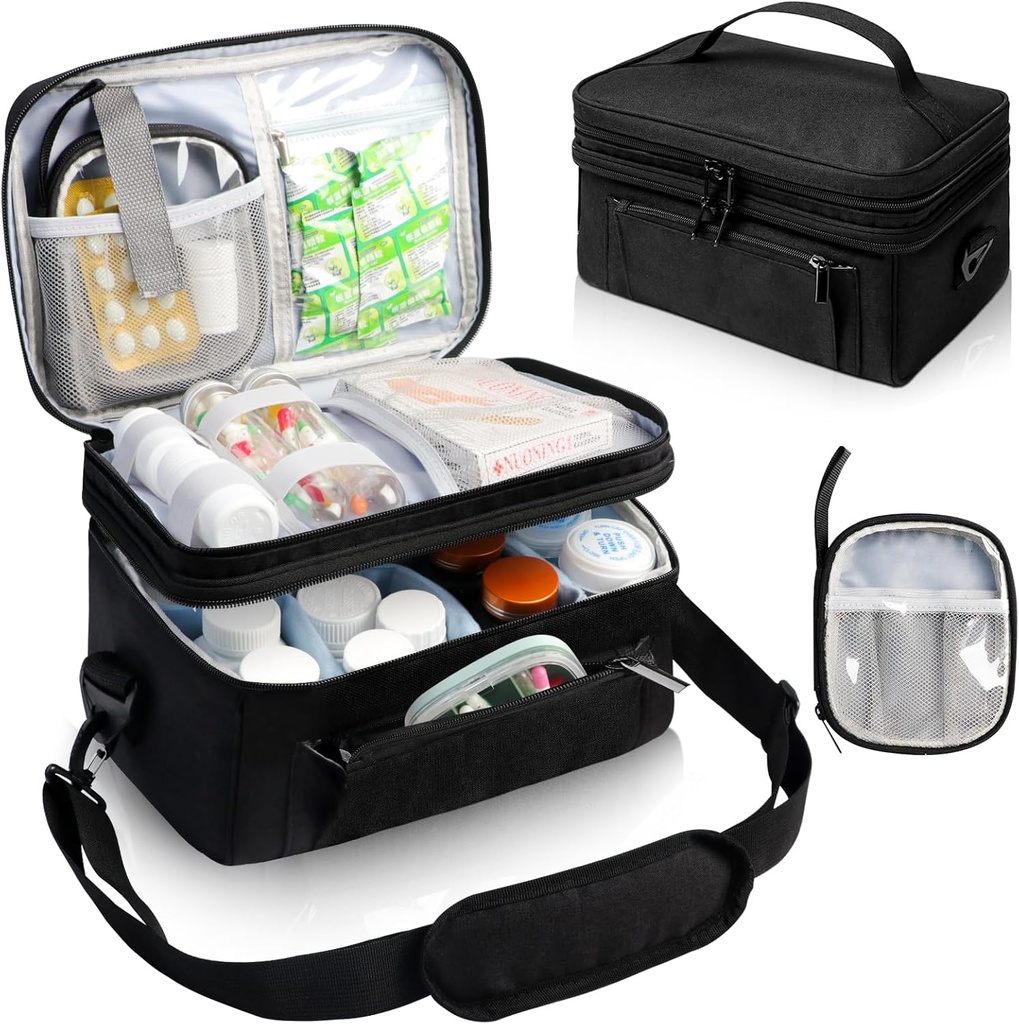 Bolsa de medicina para viajar con bolsa pequeña portátil, caja de almacenamiento de botellas de doble capa con cremalleras bloqueables, caja de viaje de medicación cargada con correa de hombro (BAG ONLY) Negro
