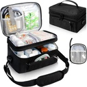 Bolsa de medicina para viajar con bolsa pequeña portátil, caja de almacenamiento de botellas de doble capa con cremalleras bloqueables, caja de viaje de medicación cargada con correa de hombro (BAG ONLY) Negro