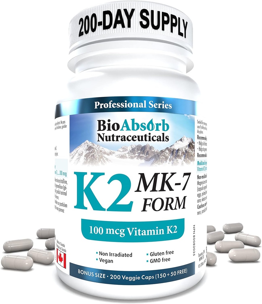 Bio Absorb Vitamina K2 MK-7 Formulario Suplemento. 100 mcg. 200-Day Supply (200 cápsulas vegetales).