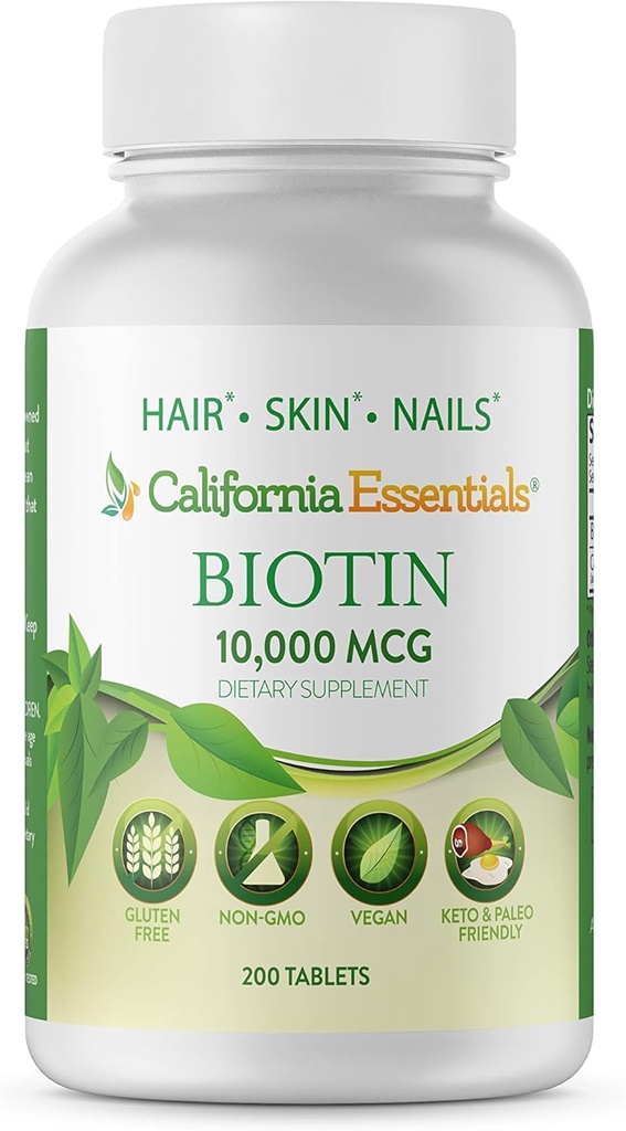 California Essentials Biotin 10000mcg ← Vitamina B7 promueve la piel saludable, el cabello y el crecimiento de la uñas ¦ High Potency Dietary Supplement for Men &amp; Women ← Non-GMO, Vegan, Gluten & Dairy Free (200 Tablets)