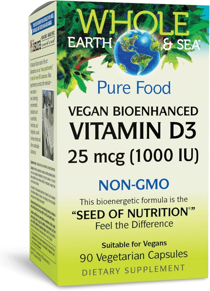 Toda la Tierra &amp; Mar de Factores Naturales, Vitamina D3 1000 UI (25 mcg), Suplemento Alimentario completo, Vegan, 90 cápsulas