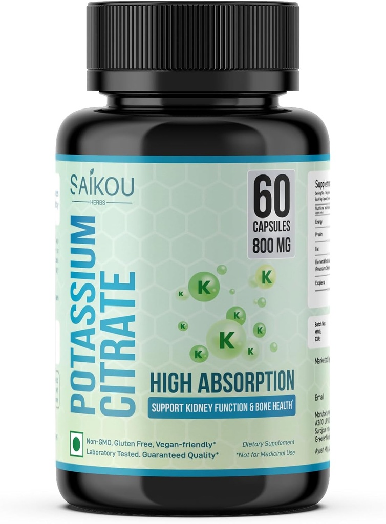 Citrato de potasio 800 mg Suplemento de Potasio de Alta Absorción - 60 Servimientos Soportes Balance de electrolitos - Puro y Potente